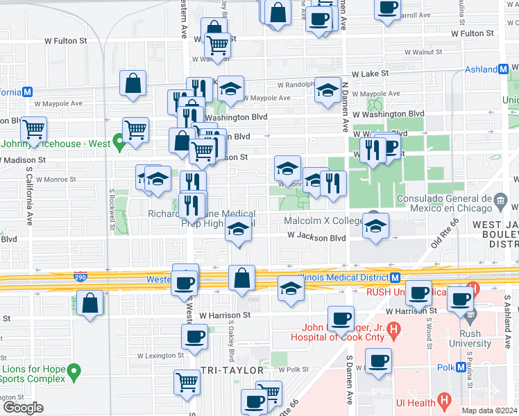 map of restaurants, bars, coffee shops, grocery stores, and more near 2227 West Adams Street in Chicago