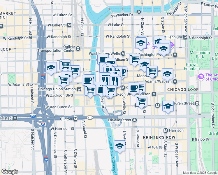 map of restaurants, bars, coffee shops, grocery stores, and more near 233 South Wacker Drive in Chicago
