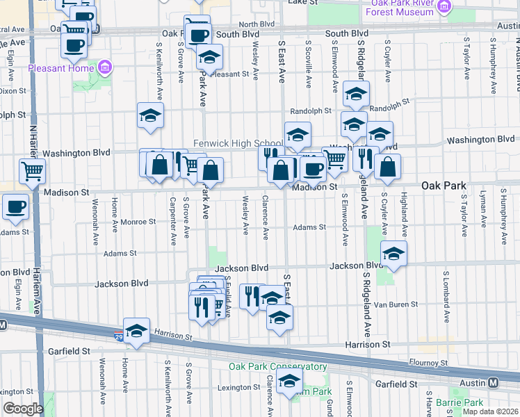 map of restaurants, bars, coffee shops, grocery stores, and more near 532 Clarence Avenue in Oak Park