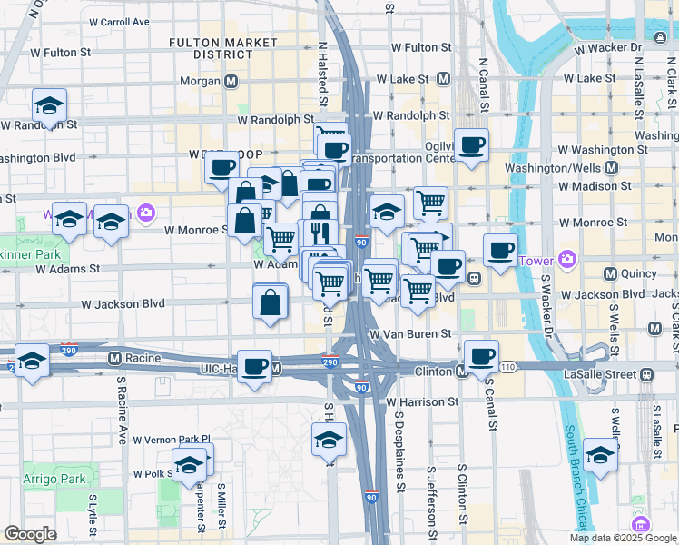 map of restaurants, bars, coffee shops, grocery stores, and more near 767 West Adams Street in Chicago