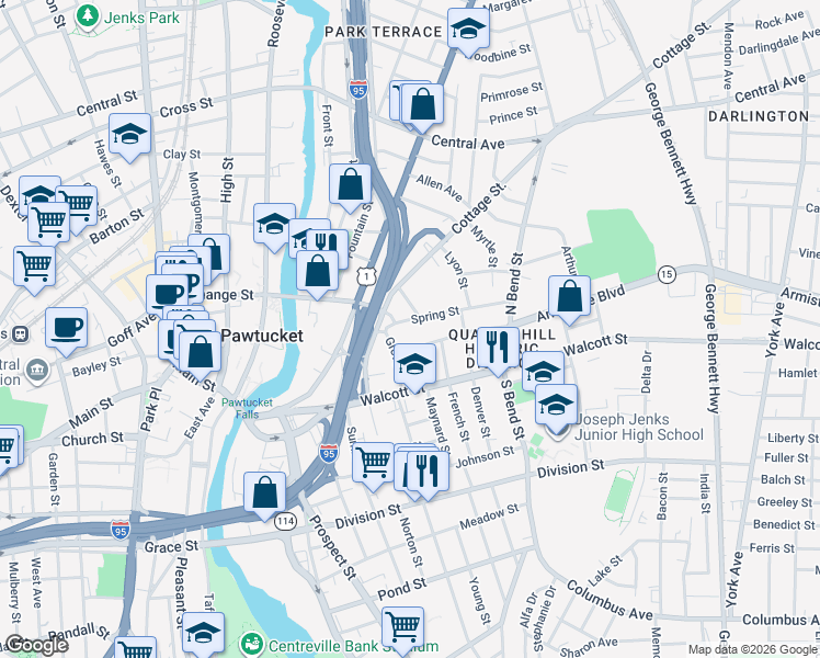 map of restaurants, bars, coffee shops, grocery stores, and more near 26 Grove Street in Pawtucket