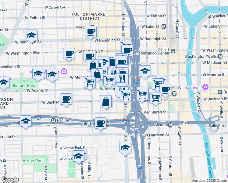 map of restaurants, bars, coffee shops, grocery stores, and more near 843 West Adams Street in Chicago