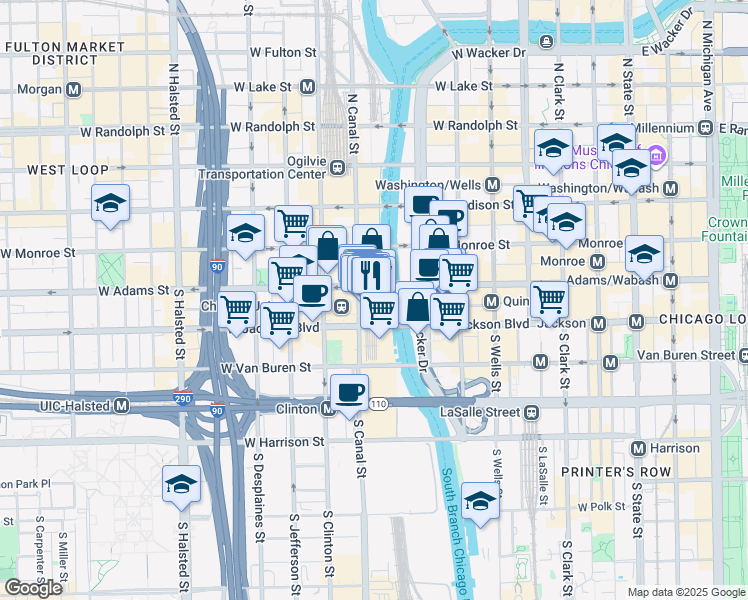 map of restaurants, bars, coffee shops, grocery stores, and more near 222 South Riverside Plaza in Chicago