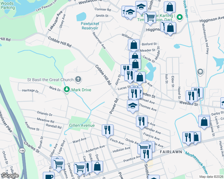 map of restaurants, bars, coffee shops, grocery stores, and more near 25 McCallum Avenue in Pawtucket