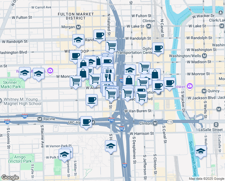 map of restaurants, bars, coffee shops, grocery stores, and more near 769 West Adams Street in Chicago
