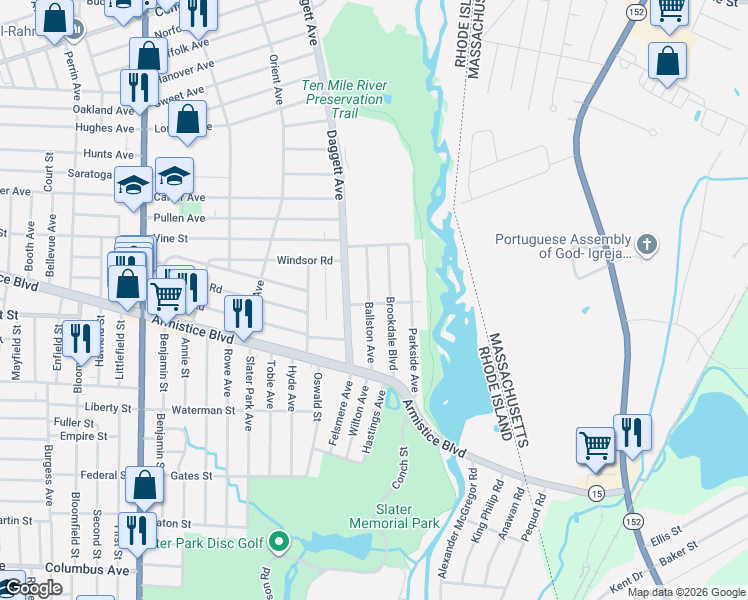 map of restaurants, bars, coffee shops, grocery stores, and more near 81 Ballston Avenue in Pawtucket