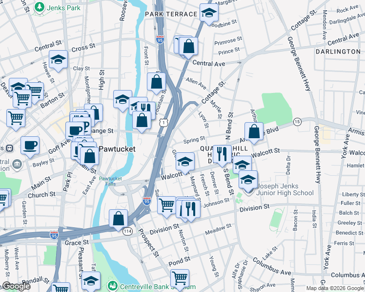 map of restaurants, bars, coffee shops, grocery stores, and more near 26 Grove Street in Pawtucket