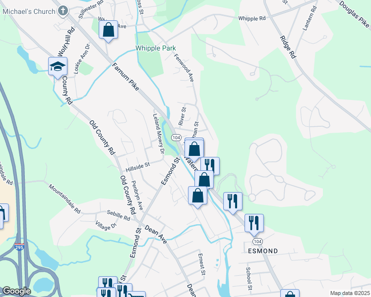 map of restaurants, bars, coffee shops, grocery stores, and more near 349 Waterman Avenue in Smithfield