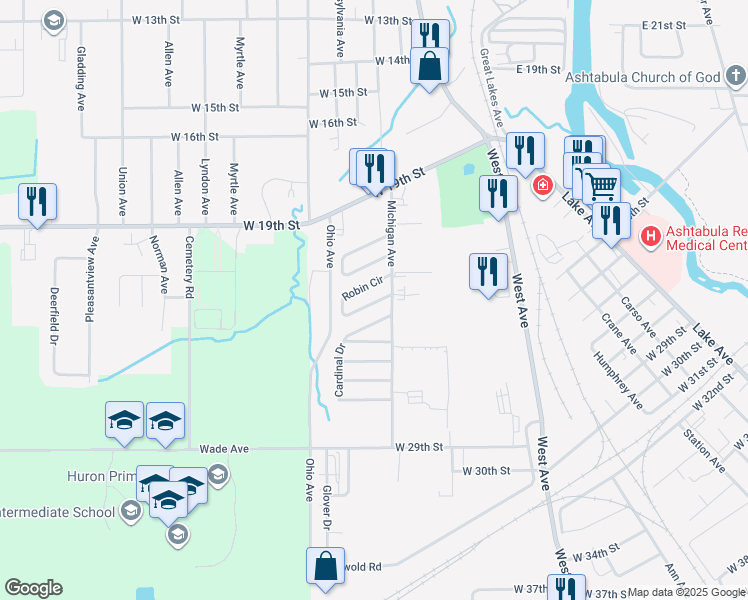 map of restaurants, bars, coffee shops, grocery stores, and more near 1800 Willow Arms Drive in Ashtabula