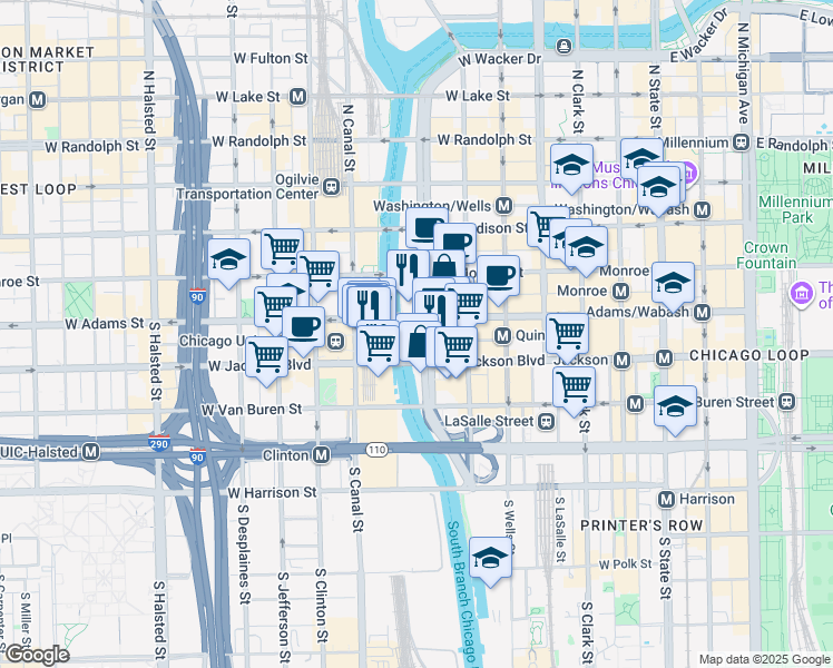 map of restaurants, bars, coffee shops, grocery stores, and more near 250 South Wacker Drive in Chicago