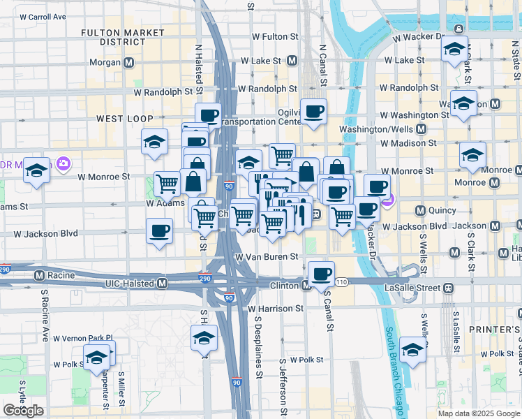 map of restaurants, bars, coffee shops, grocery stores, and more near 223 South Desplaines Street in Chicago