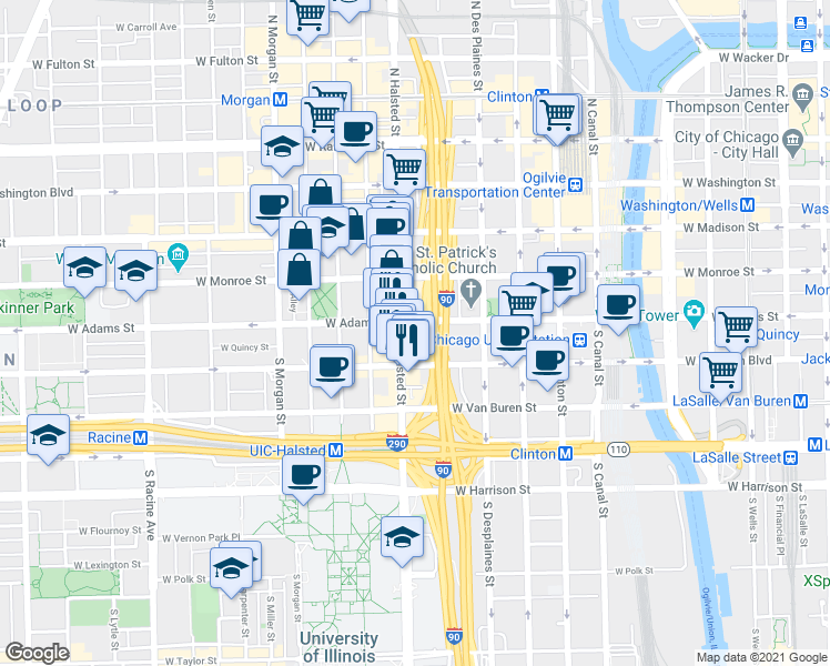 map of restaurants, bars, coffee shops, grocery stores, and more near in Chicago