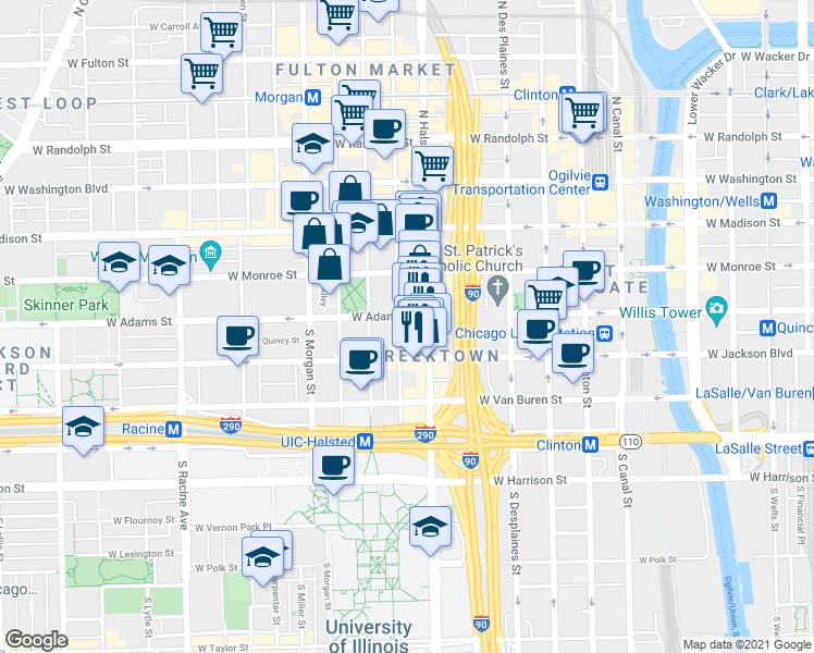 map of restaurants, bars, coffee shops, grocery stores, and more near 213 South Green Street in Chicago