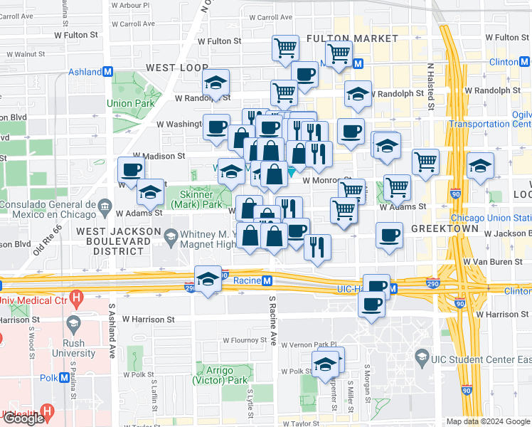 map of restaurants, bars, coffee shops, grocery stores, and more near 221 South Racine Avenue in Chicago