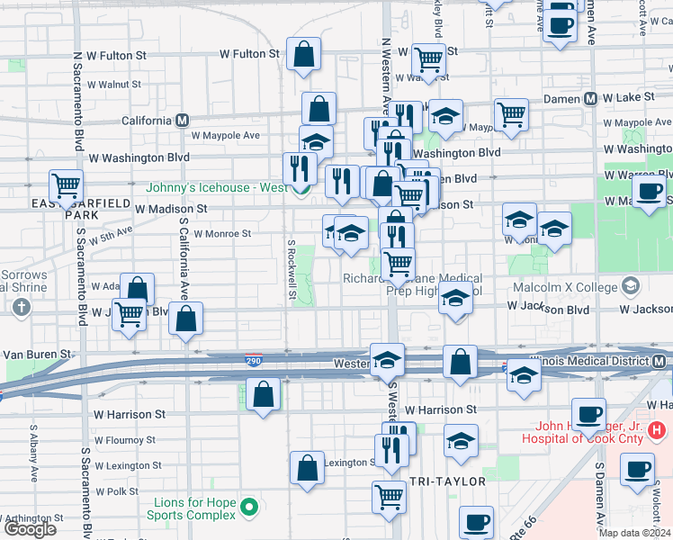 map of restaurants, bars, coffee shops, grocery stores, and more near 2454 West Adams Street in Chicago