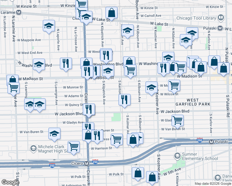 map of restaurants, bars, coffee shops, grocery stores, and more near 4614 West Adams Street in Chicago
