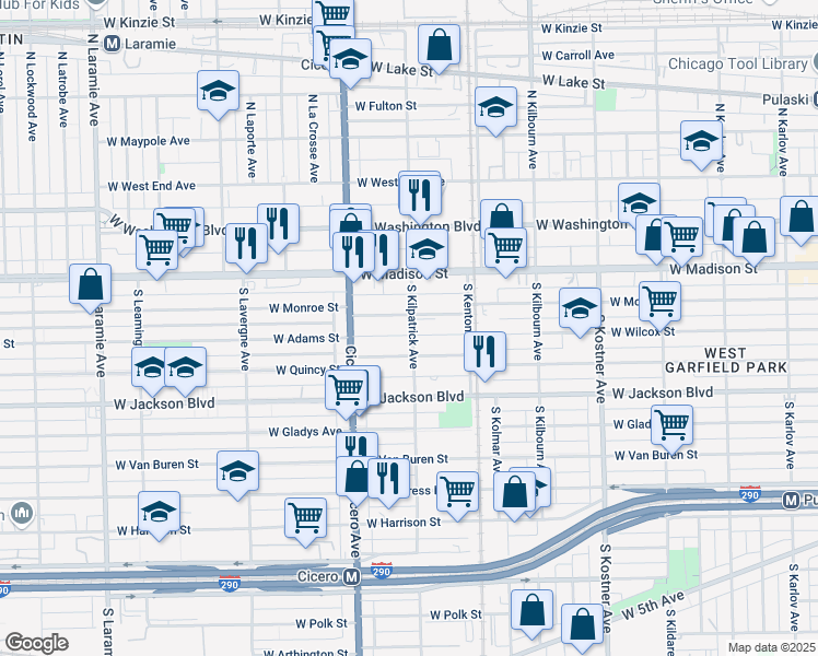 map of restaurants, bars, coffee shops, grocery stores, and more near 4654 West Adams Street in Chicago