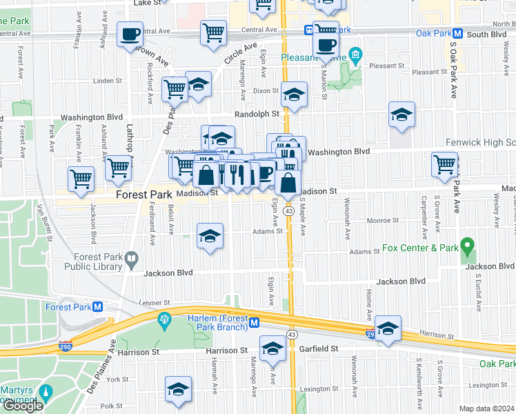 map of restaurants, bars, coffee shops, grocery stores, and more near 431 Marengo Avenue in Forest Park