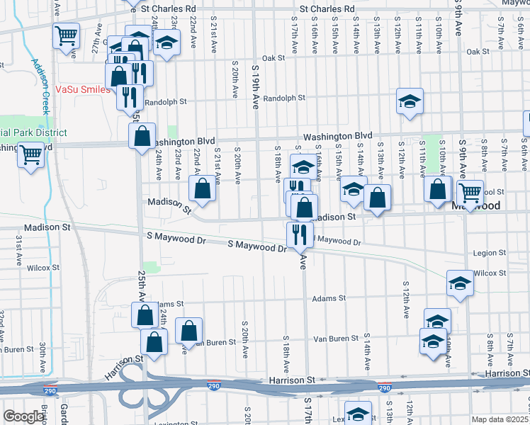 map of restaurants, bars, coffee shops, grocery stores, and more near 1900 Madison Street in Maywood