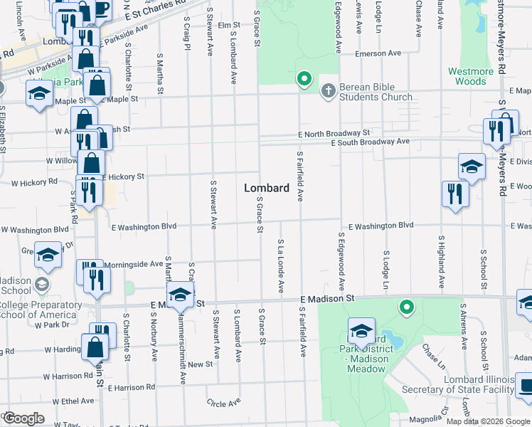 map of restaurants, bars, coffee shops, grocery stores, and more near 501 South Grace Street in Lombard