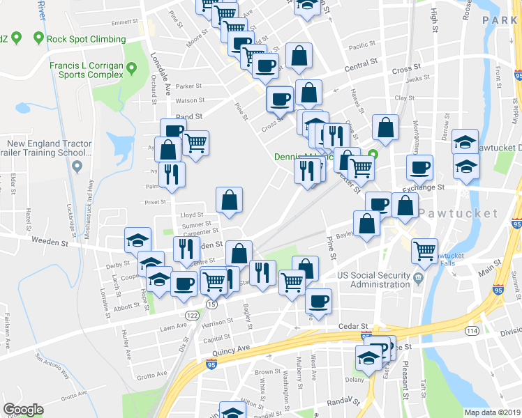 map of restaurants, bars, coffee shops, grocery stores, and more near 179 Conant Street in Pawtucket