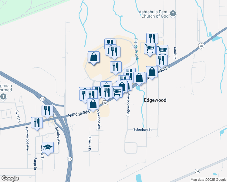 map of restaurants, bars, coffee shops, grocery stores, and more near 3045 North Ridge Road East in Ashtabula