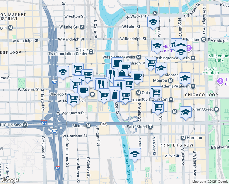 map of restaurants, bars, coffee shops, grocery stores, and more near 200 South Wacker Drive in Chicago
