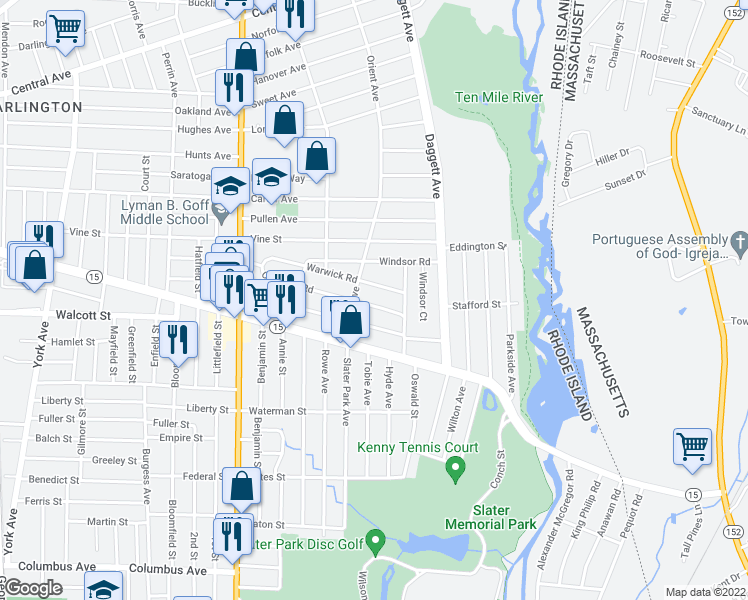 map of restaurants, bars, coffee shops, grocery stores, and more near 118 Crescent Road in Pawtucket