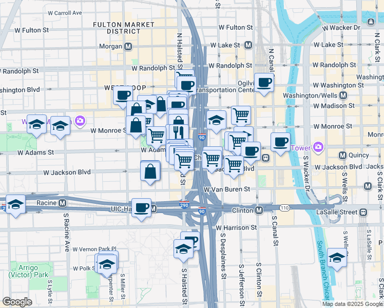 map of restaurants, bars, coffee shops, grocery stores, and more near 765 West Adams Street in Chicago