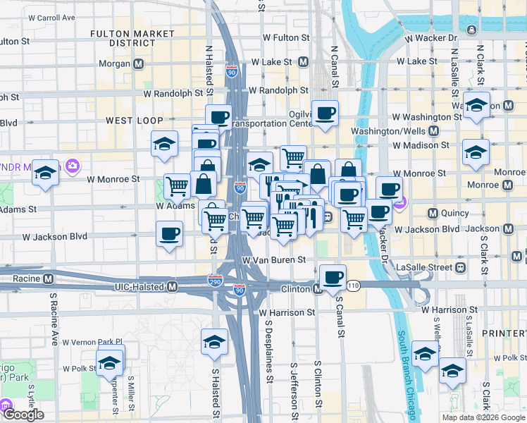 map of restaurants, bars, coffee shops, grocery stores, and more near 223 South Desplaines Street in Chicago