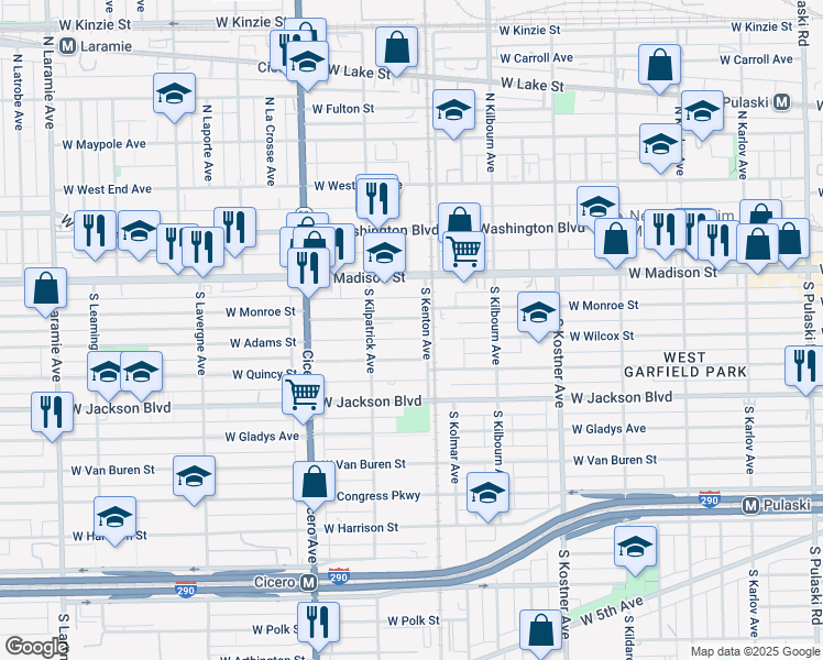 map of restaurants, bars, coffee shops, grocery stores, and more near 4614 West Adams Street in Chicago