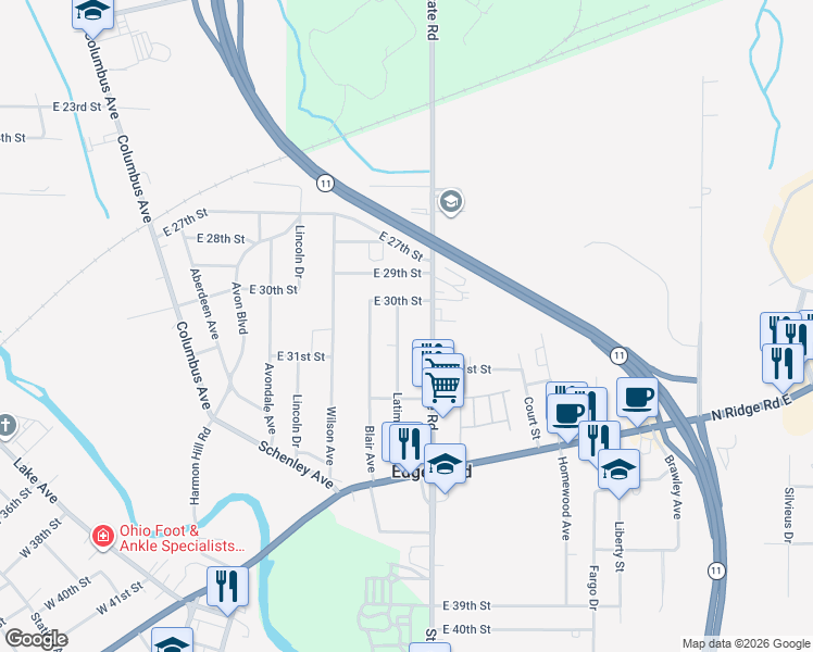 map of restaurants, bars, coffee shops, grocery stores, and more near 3044 Latimer Avenue in Ashtabula
