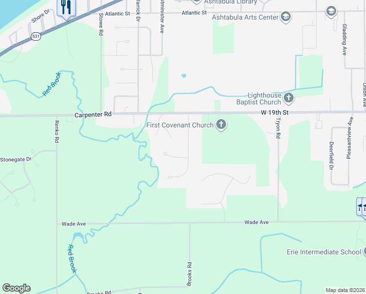 map of restaurants, bars, coffee shops, grocery stores, and more near 2215 Ashbrook Drive in Ashtabula