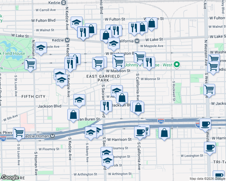 map of restaurants, bars, coffee shops, grocery stores, and more near 2946 West Adams Street in Chicago