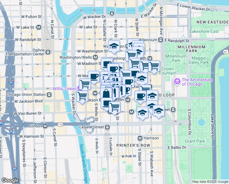 map of restaurants, bars, coffee shops, grocery stores, and more near 210 South Clark Street in Chicago