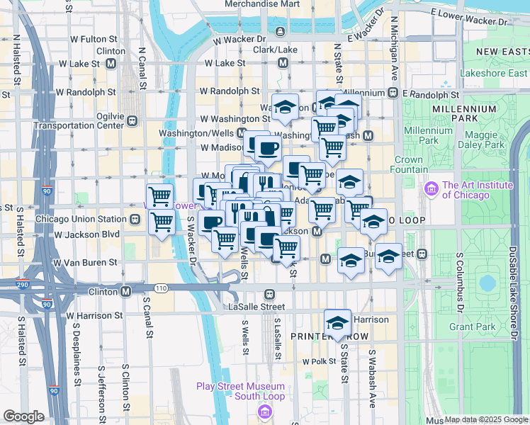 map of restaurants, bars, coffee shops, grocery stores, and more near 208 South LaSalle Street in Chicago