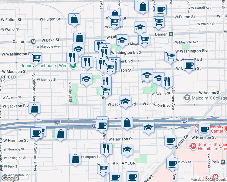 map of restaurants, bars, coffee shops, grocery stores, and more near 2320 West Adams Street in Chicago