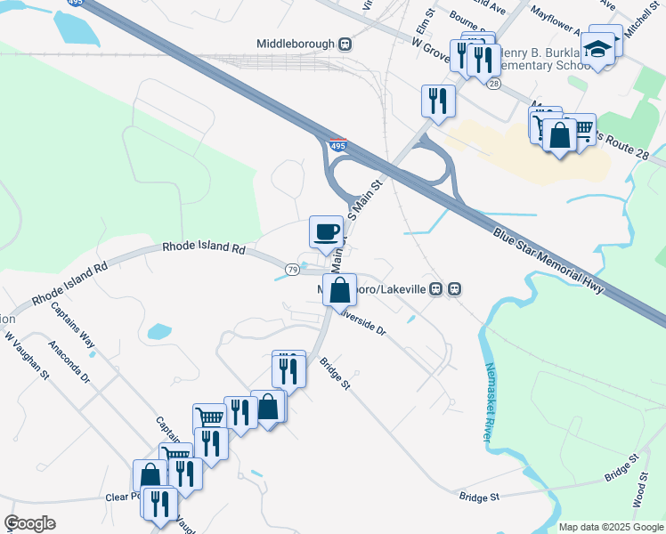 map of restaurants, bars, coffee shops, grocery stores, and more near 11 Main Street in Lakeville