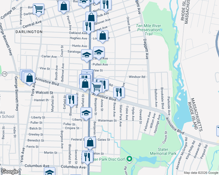 map of restaurants, bars, coffee shops, grocery stores, and more near 15 Malvern Avenue in Pawtucket