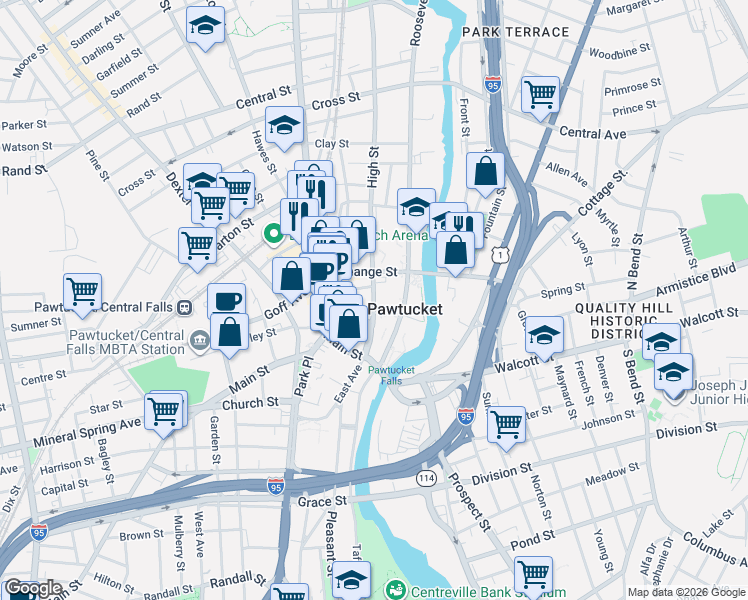 map of restaurants, bars, coffee shops, grocery stores, and more near 85 High Street in Pawtucket