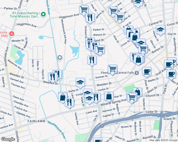 map of restaurants, bars, coffee shops, grocery stores, and more near 397 Lonsdale Avenue in Pawtucket