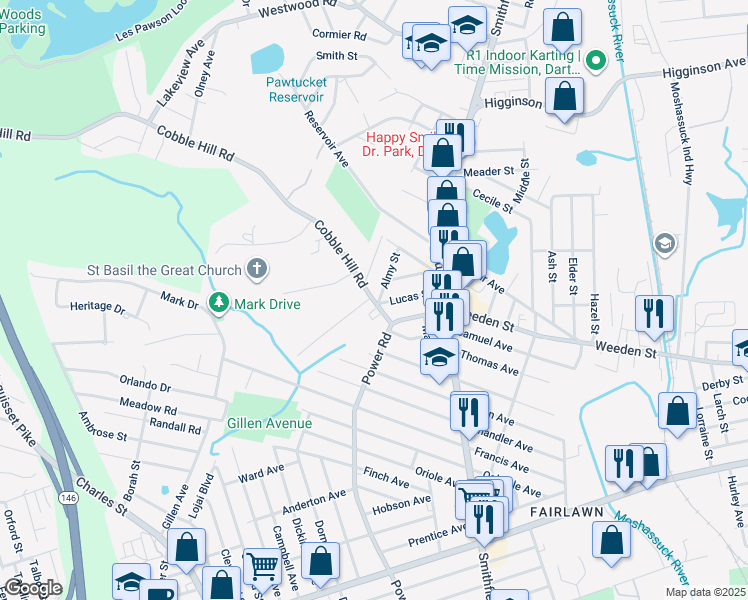 map of restaurants, bars, coffee shops, grocery stores, and more near 25 McCallum Avenue in Pawtucket