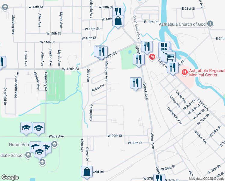 map of restaurants, bars, coffee shops, grocery stores, and more near 2406 Michigan Avenue in Ashtabula