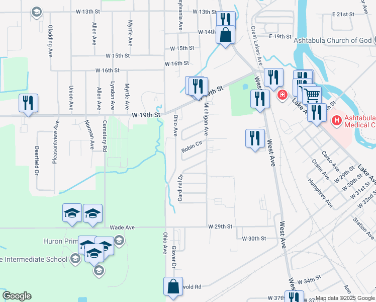 map of restaurants, bars, coffee shops, grocery stores, and more near 1736 Robin Circle in Ashtabula