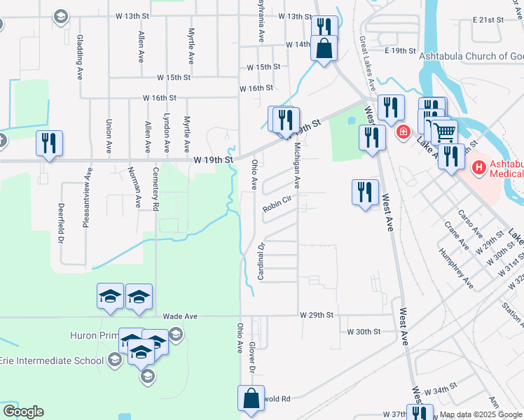 map of restaurants, bars, coffee shops, grocery stores, and more near 1736 Robin Circle in Ashtabula