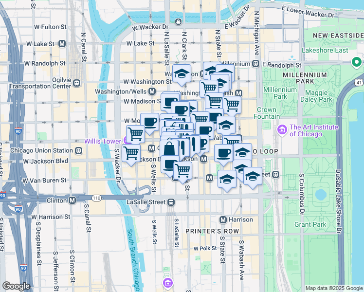 map of restaurants, bars, coffee shops, grocery stores, and more near 141 West Jackson Boulevard in Chicago