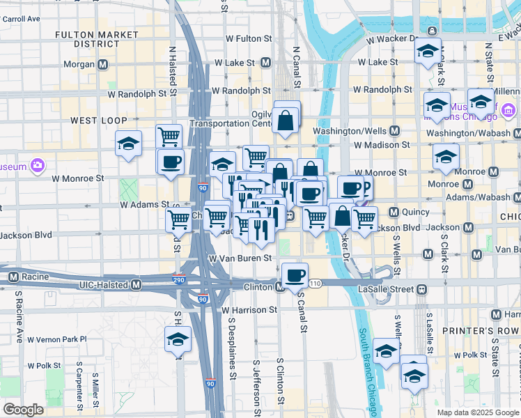 map of restaurants, bars, coffee shops, grocery stores, and more near 565 West Quincy Street in Chicago