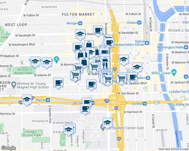 map of restaurants, bars, coffee shops, grocery stores, and more near 221 South Peoria Street in Chicago
