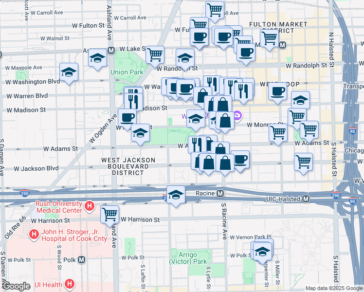 map of restaurants, bars, coffee shops, grocery stores, and more near 1317 Historic U.S. 66 in Chicago