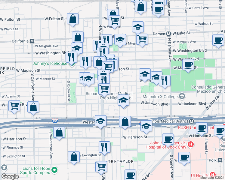 map of restaurants, bars, coffee shops, grocery stores, and more near 2339 West Adams Street in Chicago